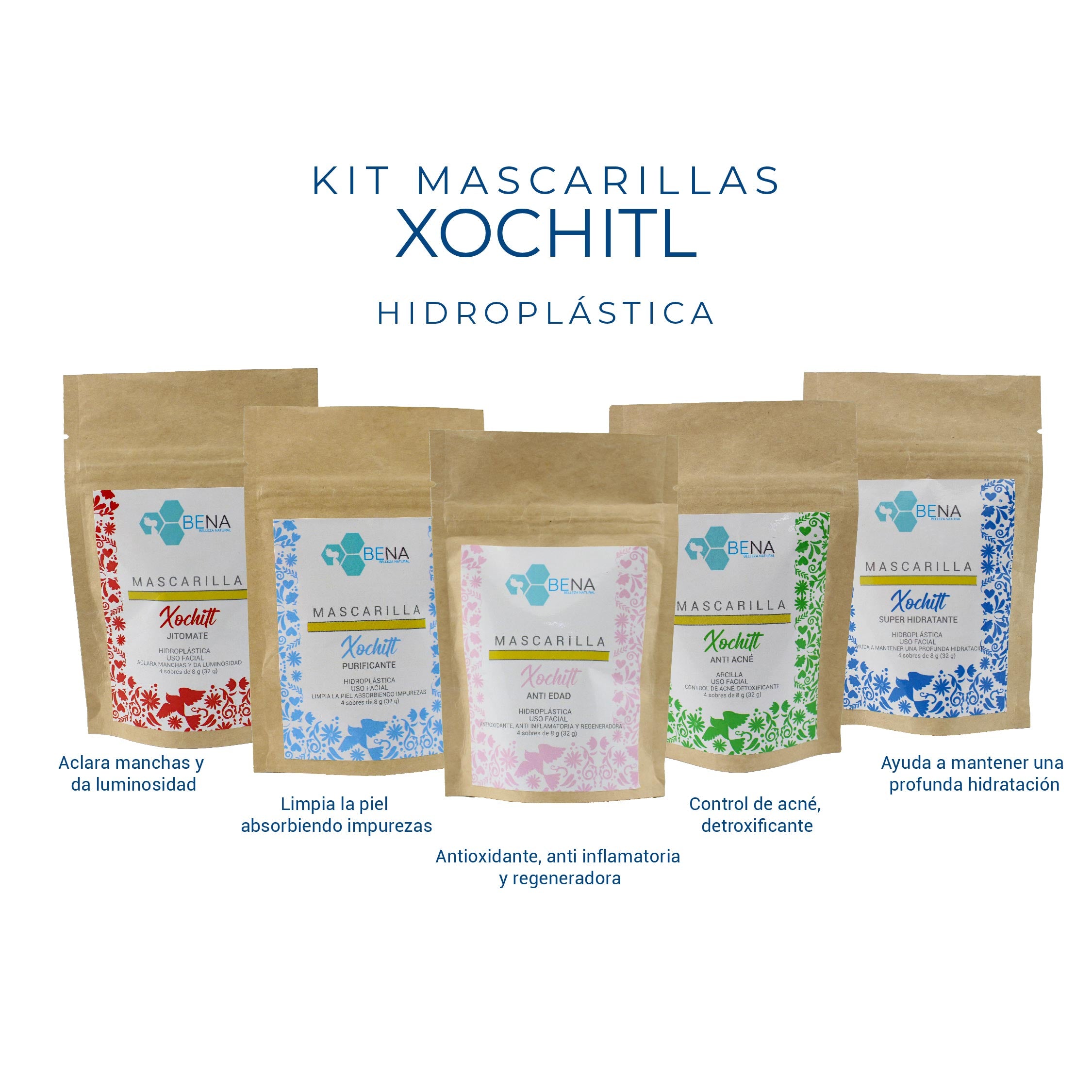 Kit Mascarillas Faciales Hidroplasticas y Arcilla (5 paquetes, 32 gr cada uno)