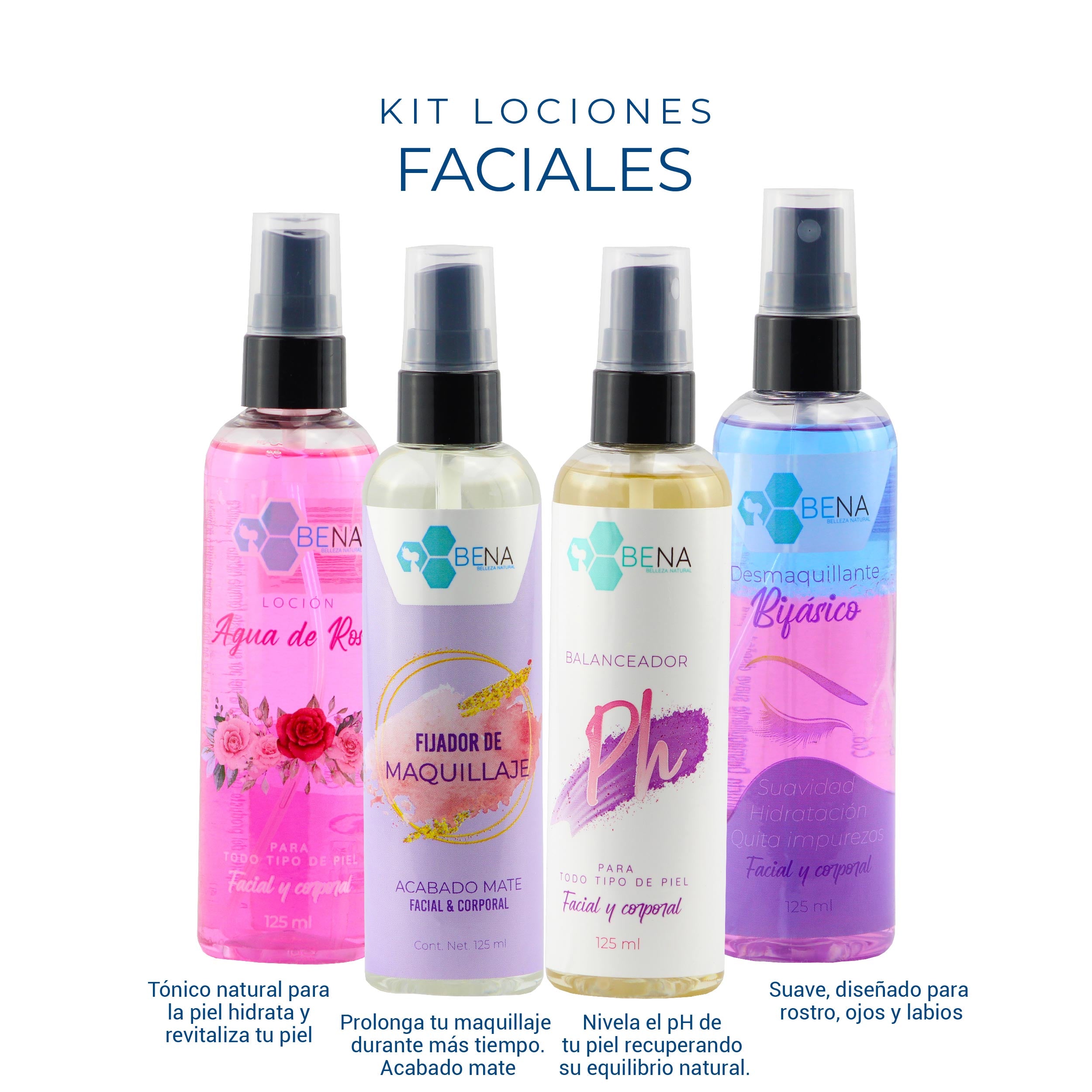 Kit Fijador de Maquillaje, Desmaquillante Bifasico, Loción Agua de Rosas, Balanceador del PH (4 piezas, 125 ml c/u)